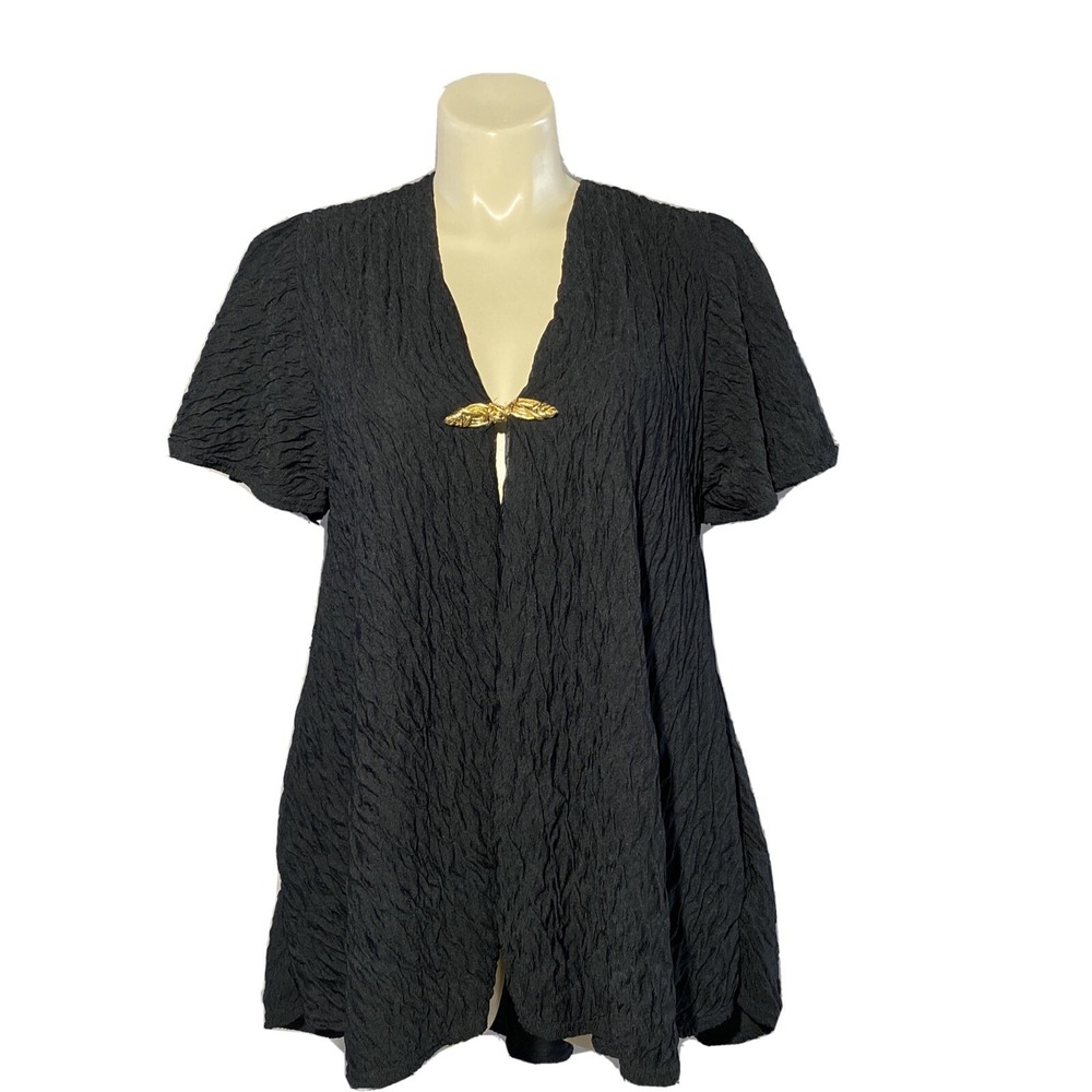 VTG Oscar De La Renta Cover Up XL Black Cardigan Crinkle Gold Rope Closure